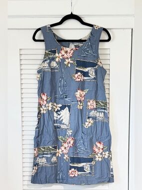 Cute Sleeveless Blue Floral & Sailboat Shift Dress